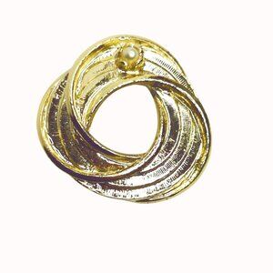 Vintage WMCA Gold-Tone Swirl Brooch With Faux Pearl Accent